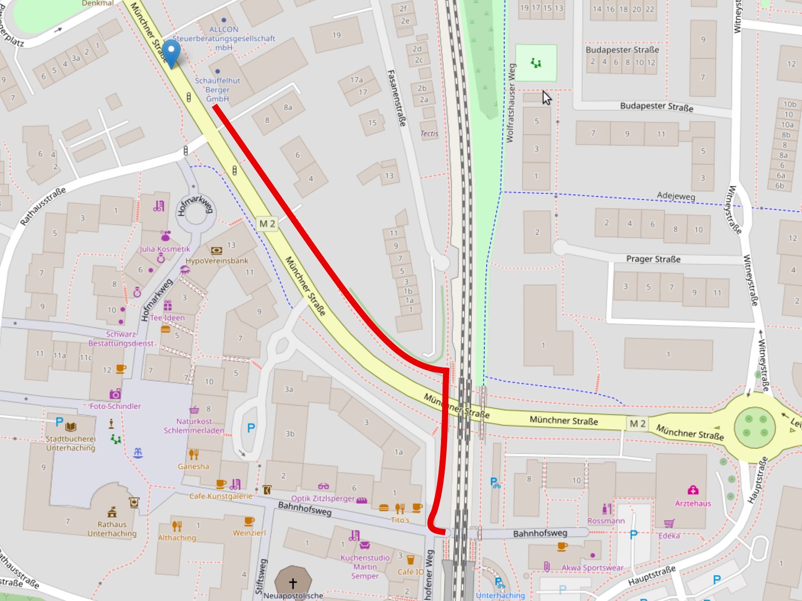 Anfahrtsskizze: Fußweg vom S-Bahnhof Unterhaching über die Brücke und die Münchner Straße bis zur Schäuffelhut Berger GmbH